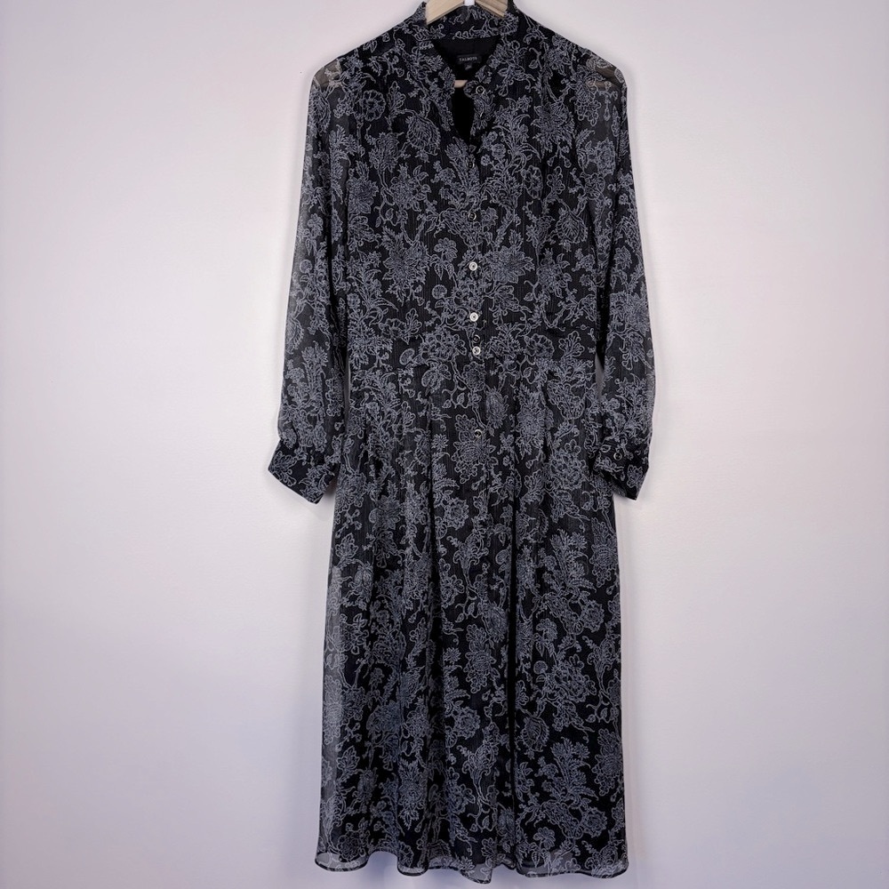 Talbots Black Floral Sheer Long Sleeve Button Down Dress Elegant Whimsigoth